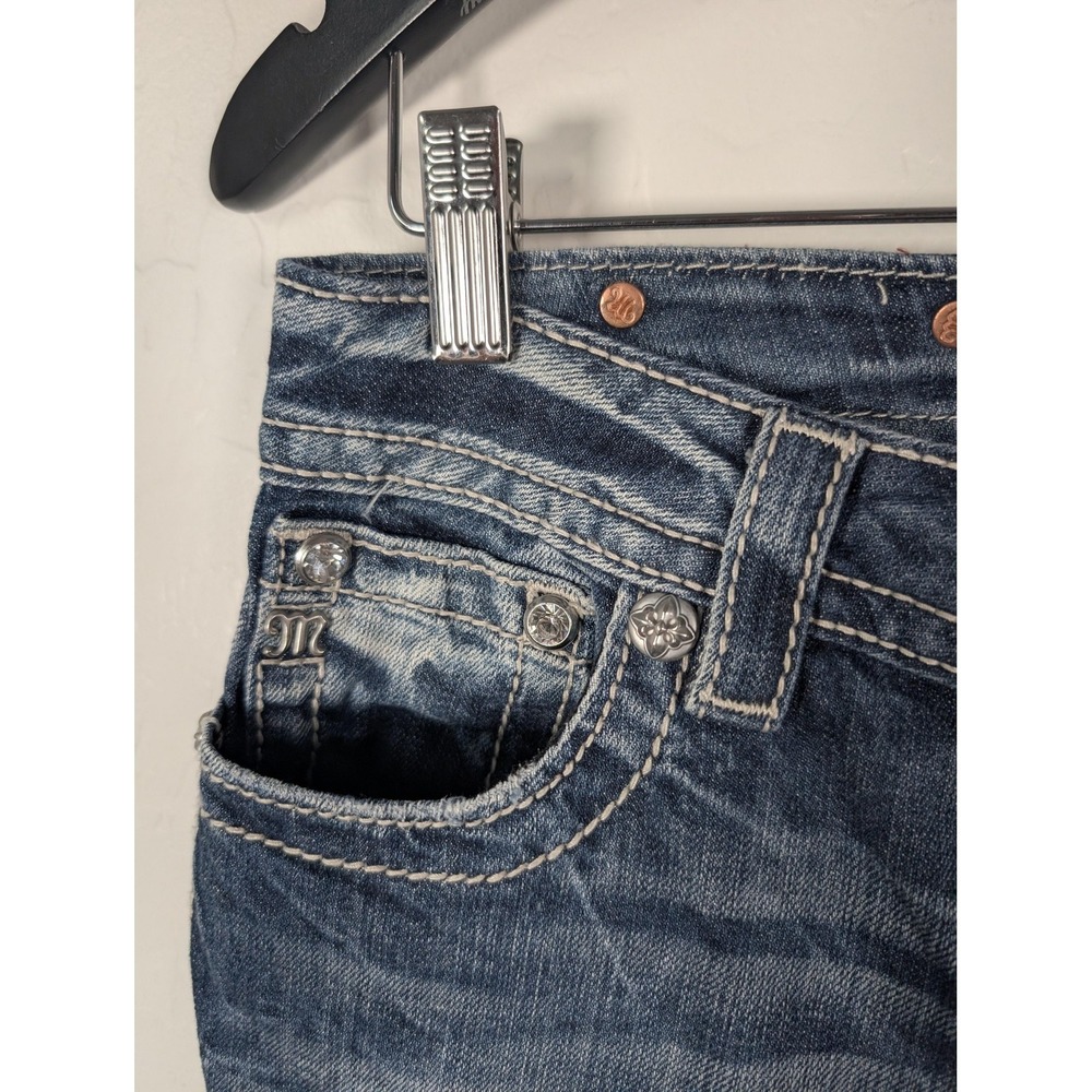 Miss Me Distressed Skinny Jeans in Dark Blue with Red Patch Accents - Picture 3 of 16